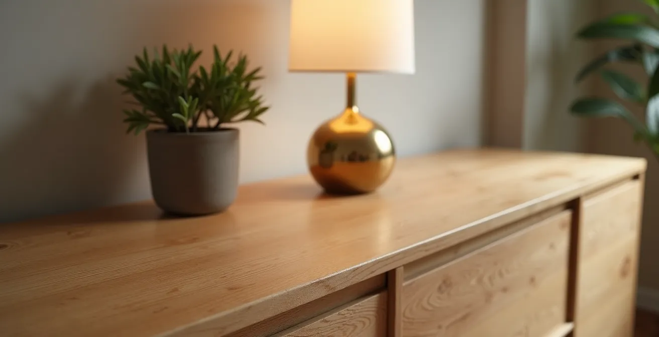 Nahaufnahme eines modernen Sideboards mit einzelner Designlampe als Statement-Piece