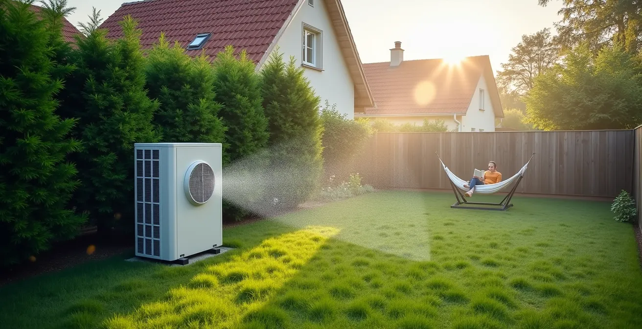 Wärmepumpe mit Schallschutzhaube im Garten zwischen Hecken
