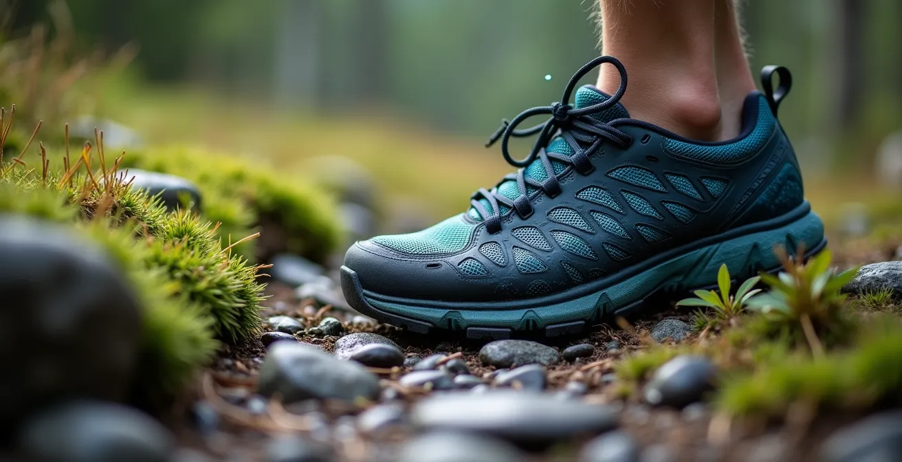 Nahaufnahme leichter Trailrunning-Schuhe auf Basaltgestein der Rhön