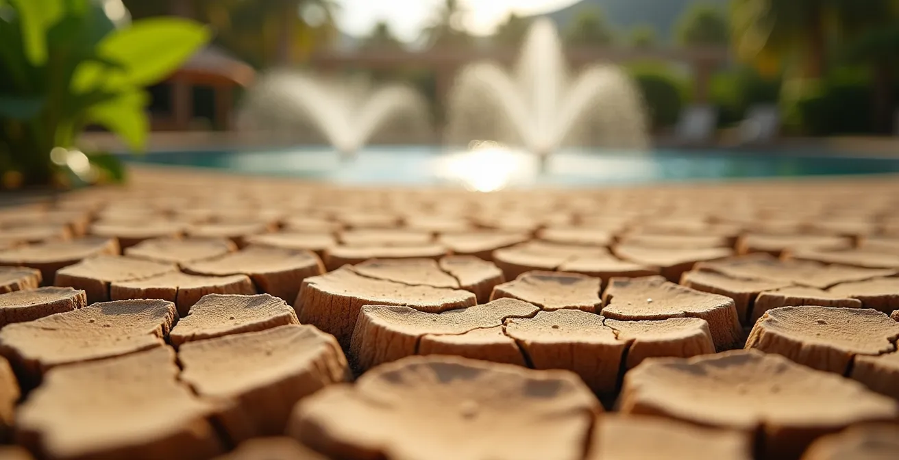 Kontrastbild zwischen Hotelpool und trockener Landschaft in Andalusien