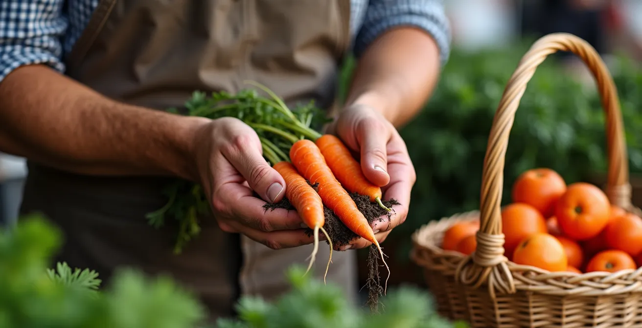 Deutscher Wochenmarkt mit frischem Bio-Gemüse und regionalen Produkten