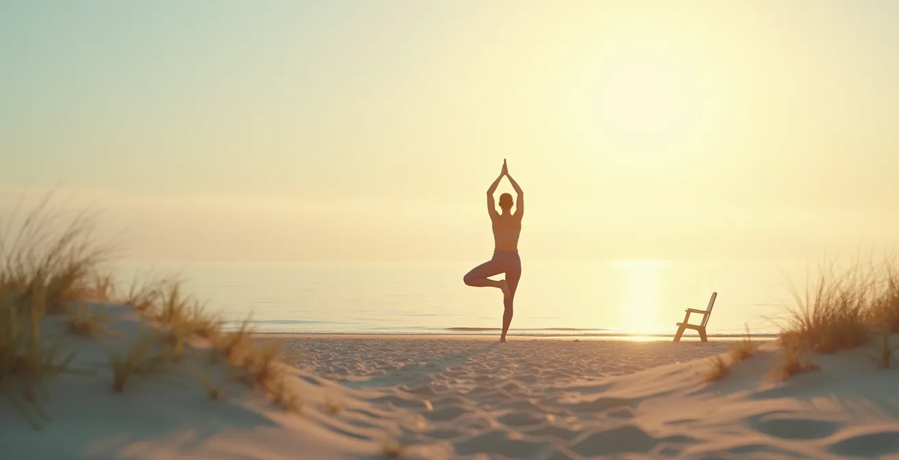 Person praktiziert Yoga bei Sonnenaufgang am deutschen Ostseestrand