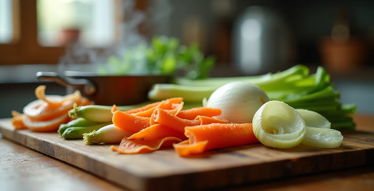 Zero-Waste-Küche mit bunten Gemüseresten für selbstgemachte Brühe